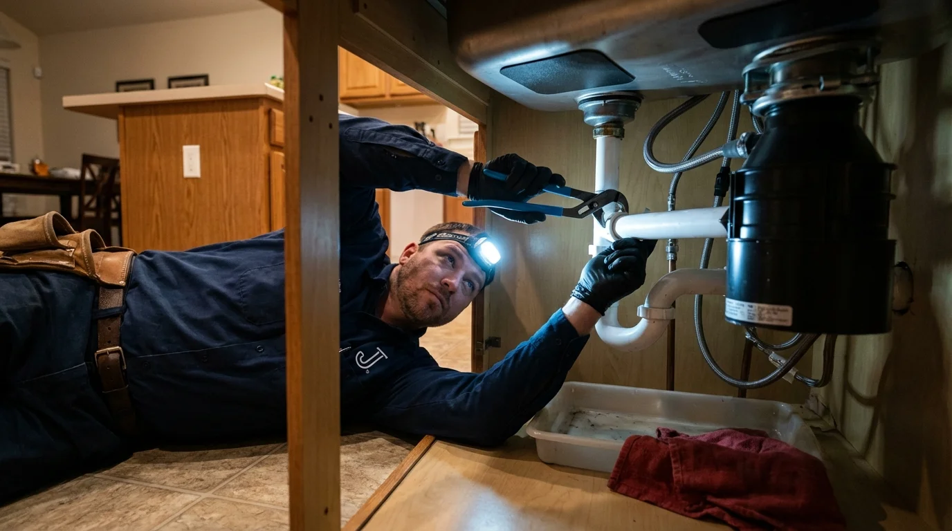 P-trap and supply line connections under a kitchen sink showing a common leak point in Seymour, TN